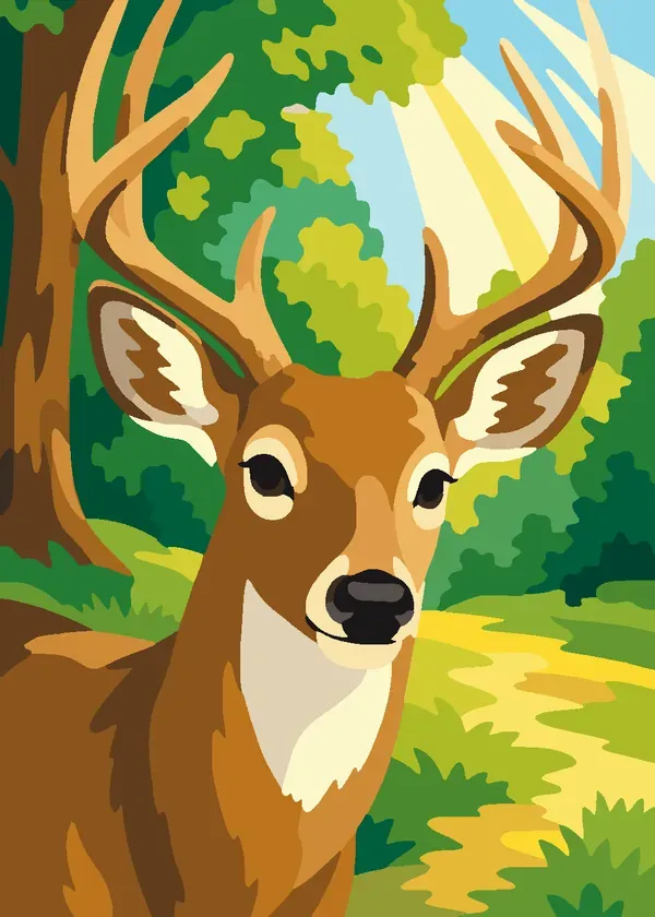 Finished painting: A gentle deer in a sunlit forest