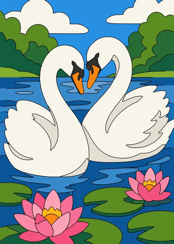 Finished painting: A pair of swans on a pond