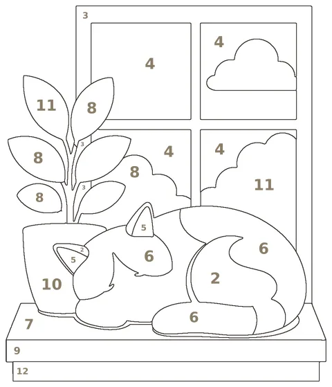 A sleeping cat on a windowsill, as an unpainted paint-by-numbers picture